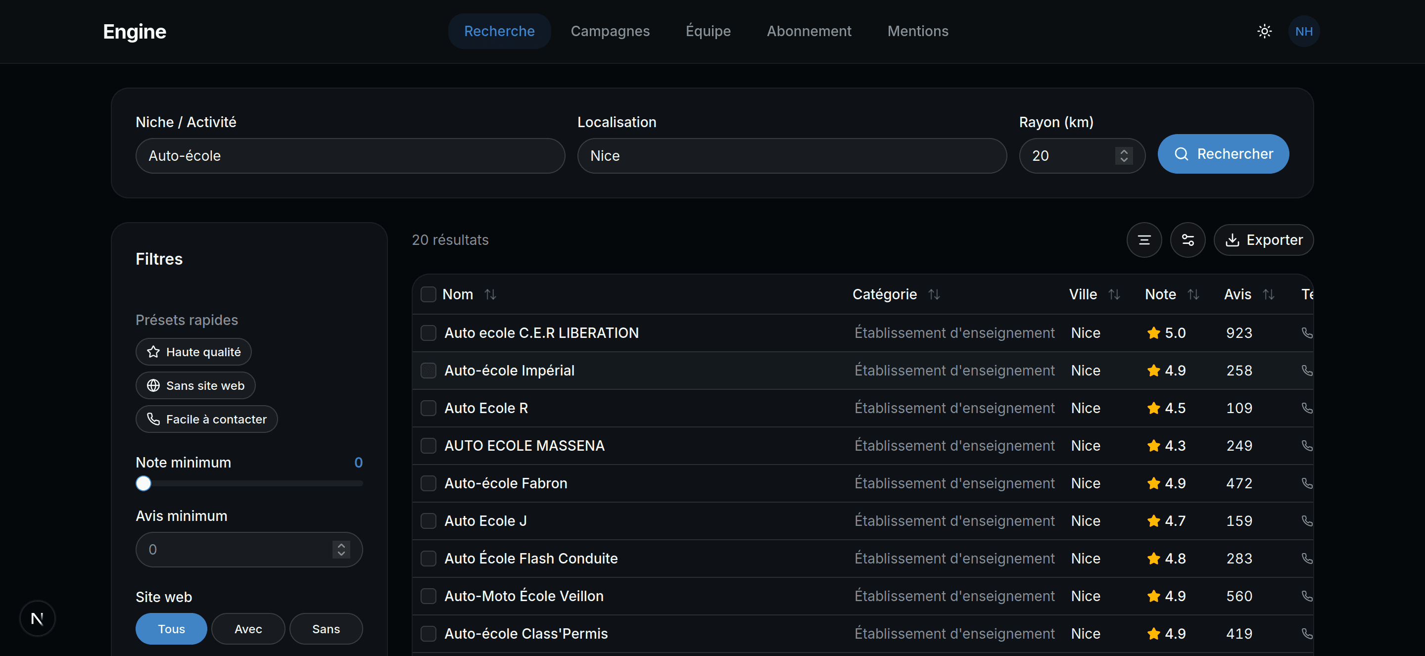 Interface Engine - Recherche de prospects